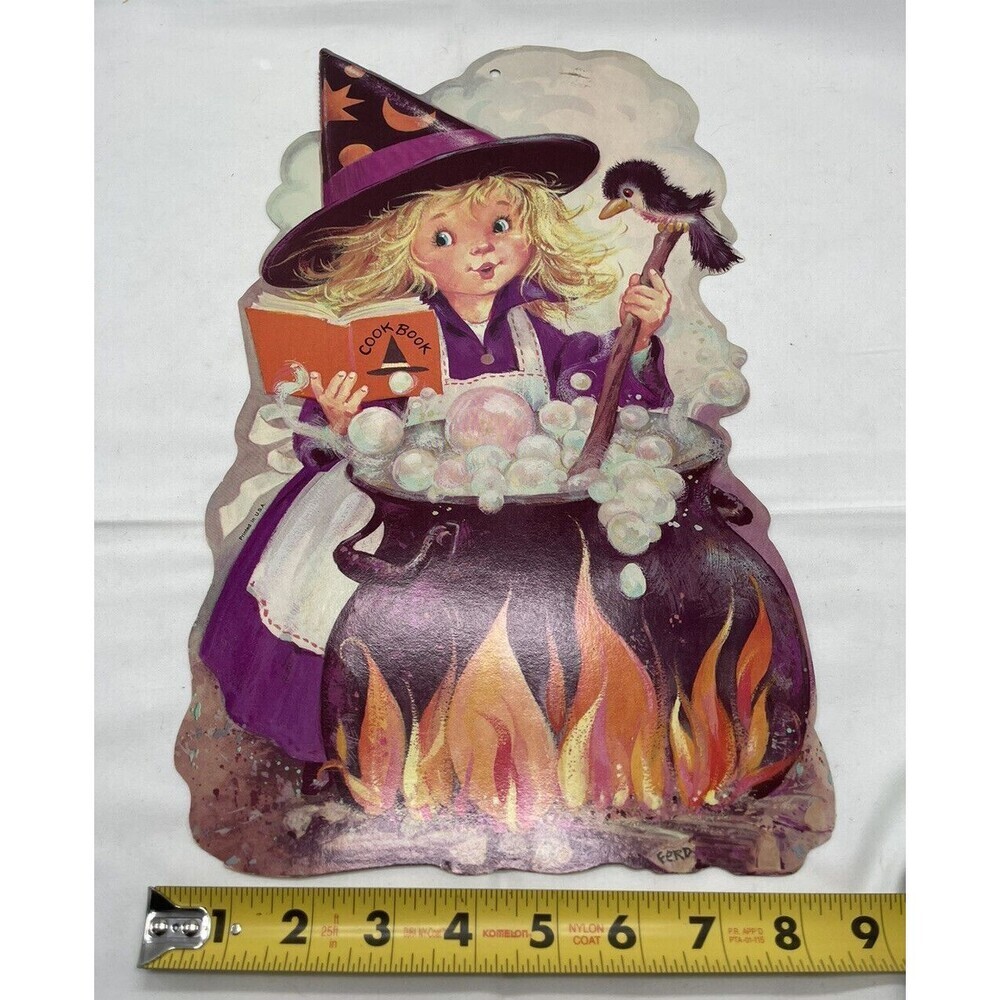 Vintage Halloween Die Cut Decoration Witch Cooking Cookbook Bird Cauldron USA - Picture 6 of 8